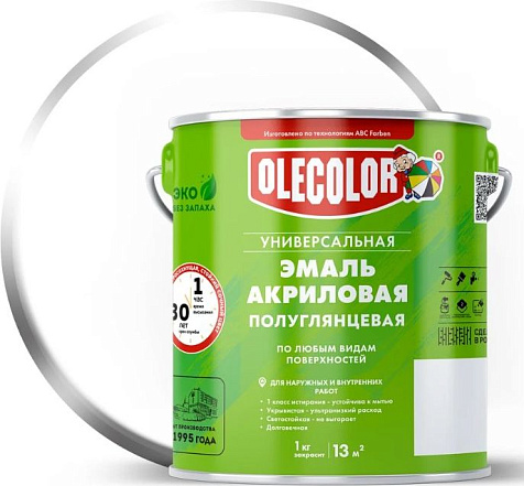 Эмаль акриловая Olecolor, универсальная, белый, полуглянцевый, 3 кг купить в СОМ