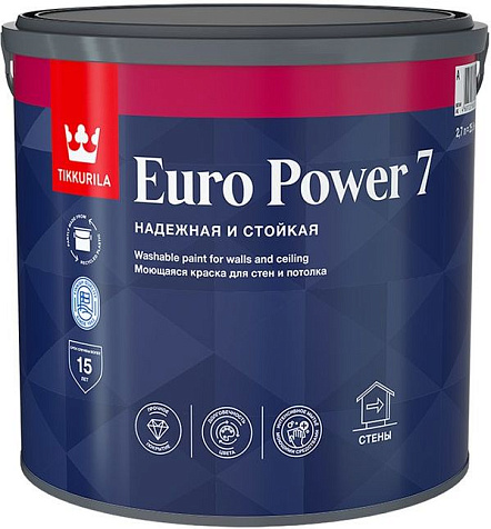 Краска латексная Tikkurila Euro Power 7, моющаяся, база А, 2.7 л купить в СОМ