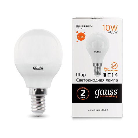 Лампа светодиодная Gauss Elementary Шар 10W E14 710lm 3000K купить в СОМ