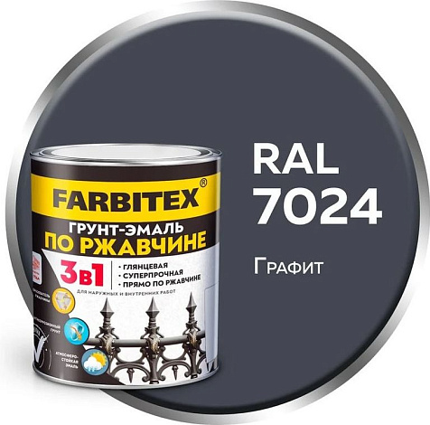 Грунт-эмаль Farbitex по ржавчине 3в1, графит RAL 7024, 1.8кг купить в СОМ