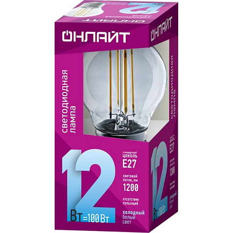 Лампа светодиодная Онлайт OLL-F-G45-12-230-4K-E27 12Вт шар прозрачная,  филамент,  4000К  E27 1200лм купить в СОМ