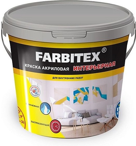 Краска акриловая Farbitex, интерьерная, 3 кг купить в СОМ