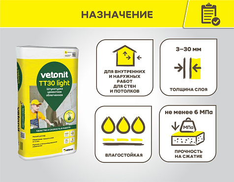 Облегченная цементная штукатурка Vetonit ТТ30 лайт, 25 кг купить в СОМ