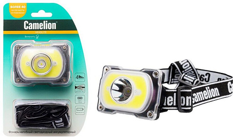 Фонарь налобный аккумуляторный Camelion LED53407 акк.3.7V LED 3W+COB 5W 4реж, Type-C, черн купить в СОМ